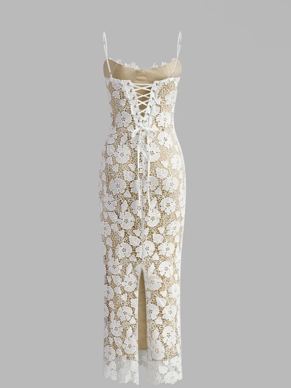 Commense Semi-Sheer Double Layer Lace Cami Dress White Lace Up Back MIDI NEW - Picture 2 of 9